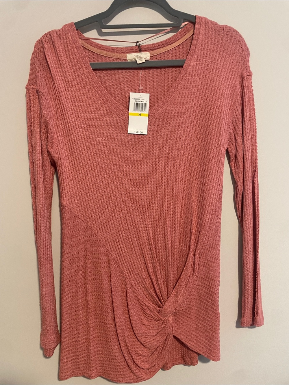 Cupid Twist-Front Waffle Knit Long-Sleeve Top in Dusty Rose